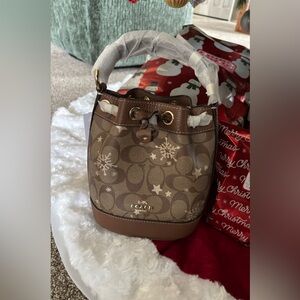 Coach Dempsey Drawstring Bucket Bag Snowflake Print In Khaki/Gold NWT